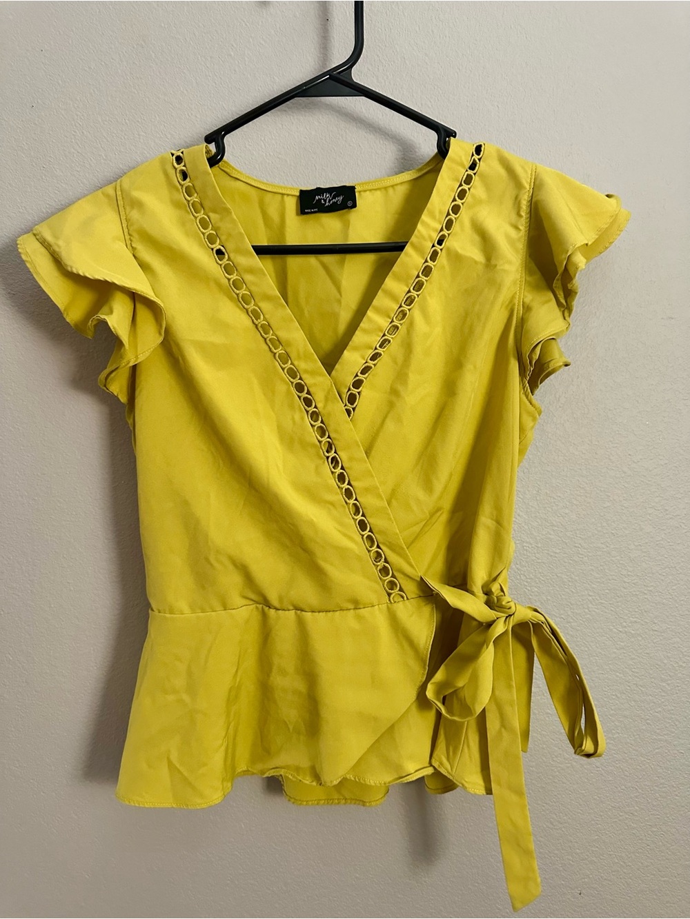 Mustard Yellow Wrap Blouse with Eyelet Trim